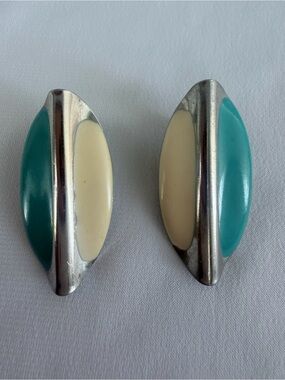 Vintage Teal and Cream Oval Post Earrings